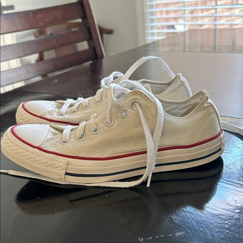 Converse Women’s White Canvas Sneakers with Red Accents